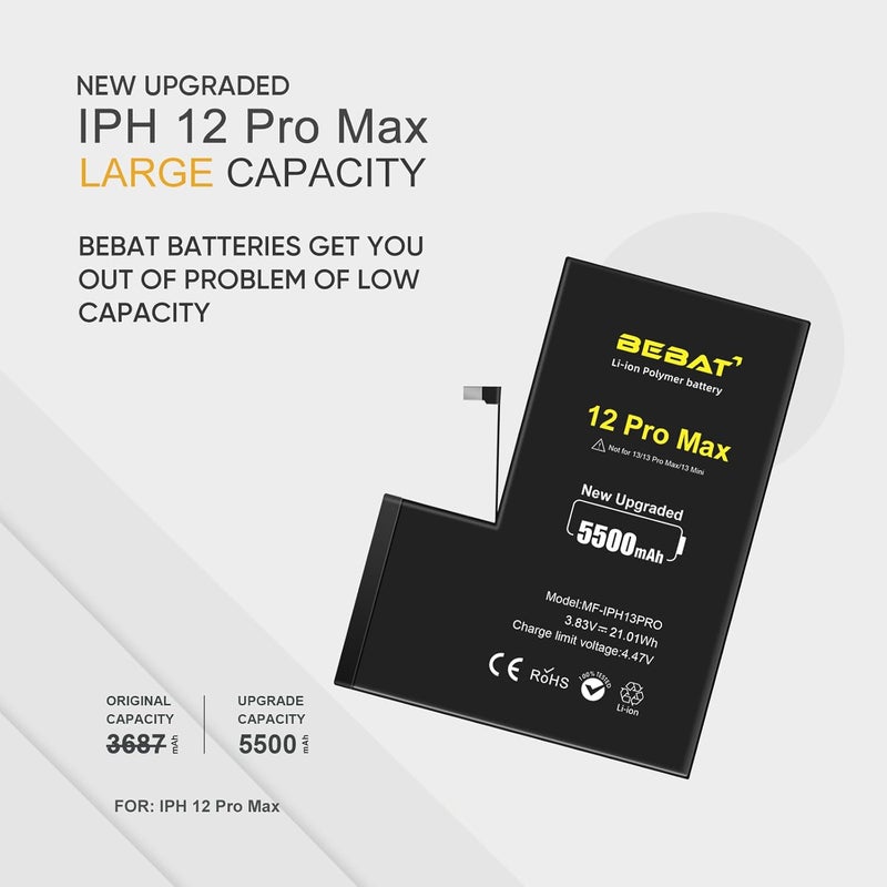 BEBAT Replacement for iPhone 12 Pro Max Battery, 5500mAh High Capacity Li-ion Polymer Replacement Battery for Model A2410 A2411 A2412 A2342 with Professional Repair Tool Kits - Image 2